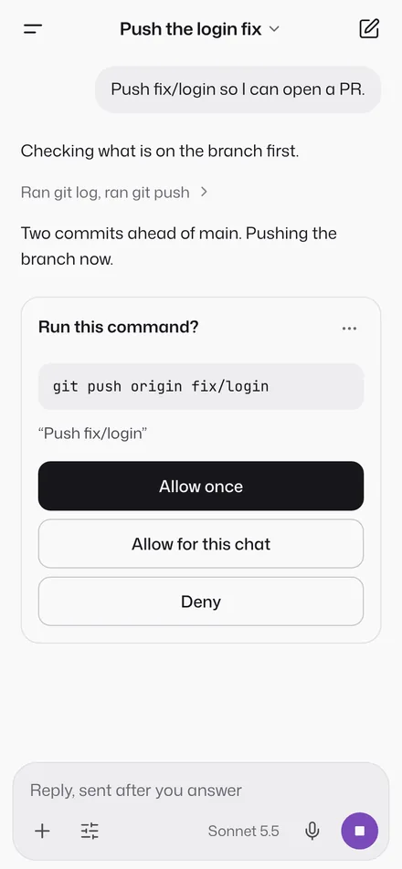 An approval at the end of a chat: Allow once, Allow for this chat, Deny.