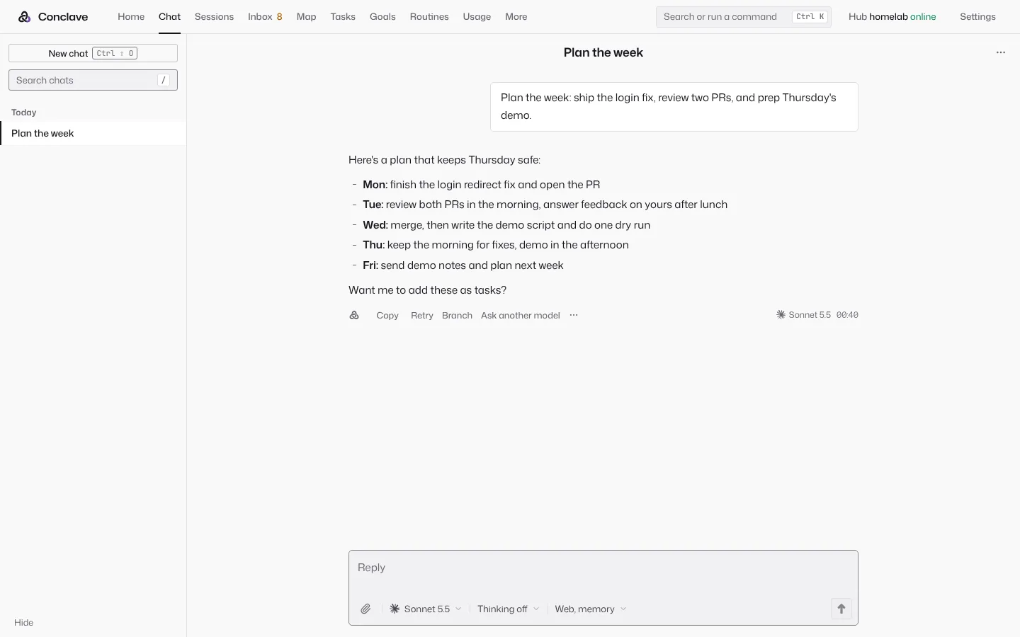 A chat that plans the week, with Copy, Retry, Branch and Ask another model under the reply.