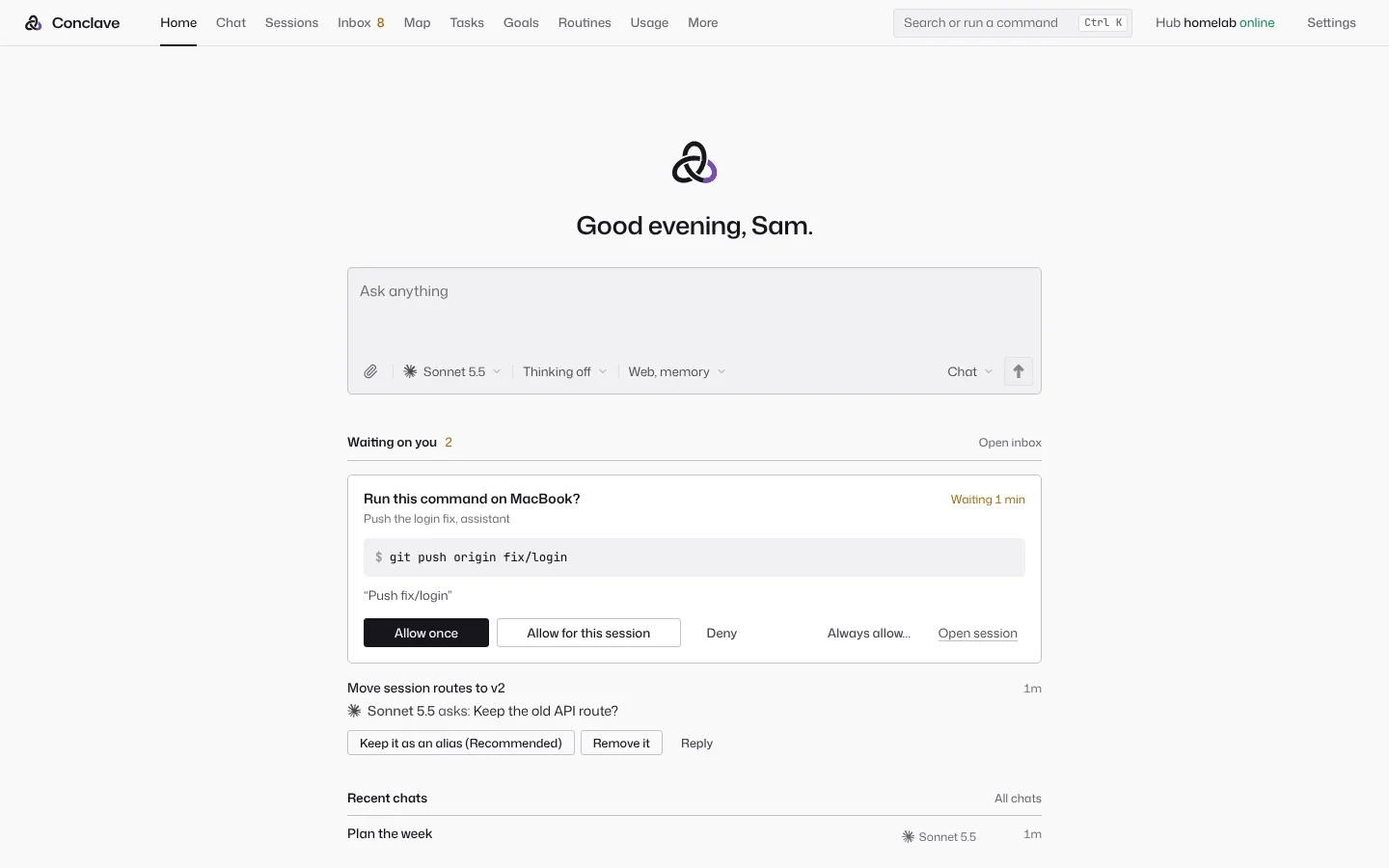 Conclave on a desktop browser: Home opens on a chat, with an approval waiting under the composer and recent chats below it.