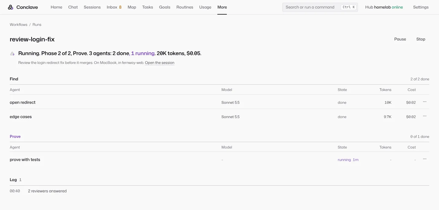 A workflow run in its second phase, with each agent's model, state, tokens and cost.